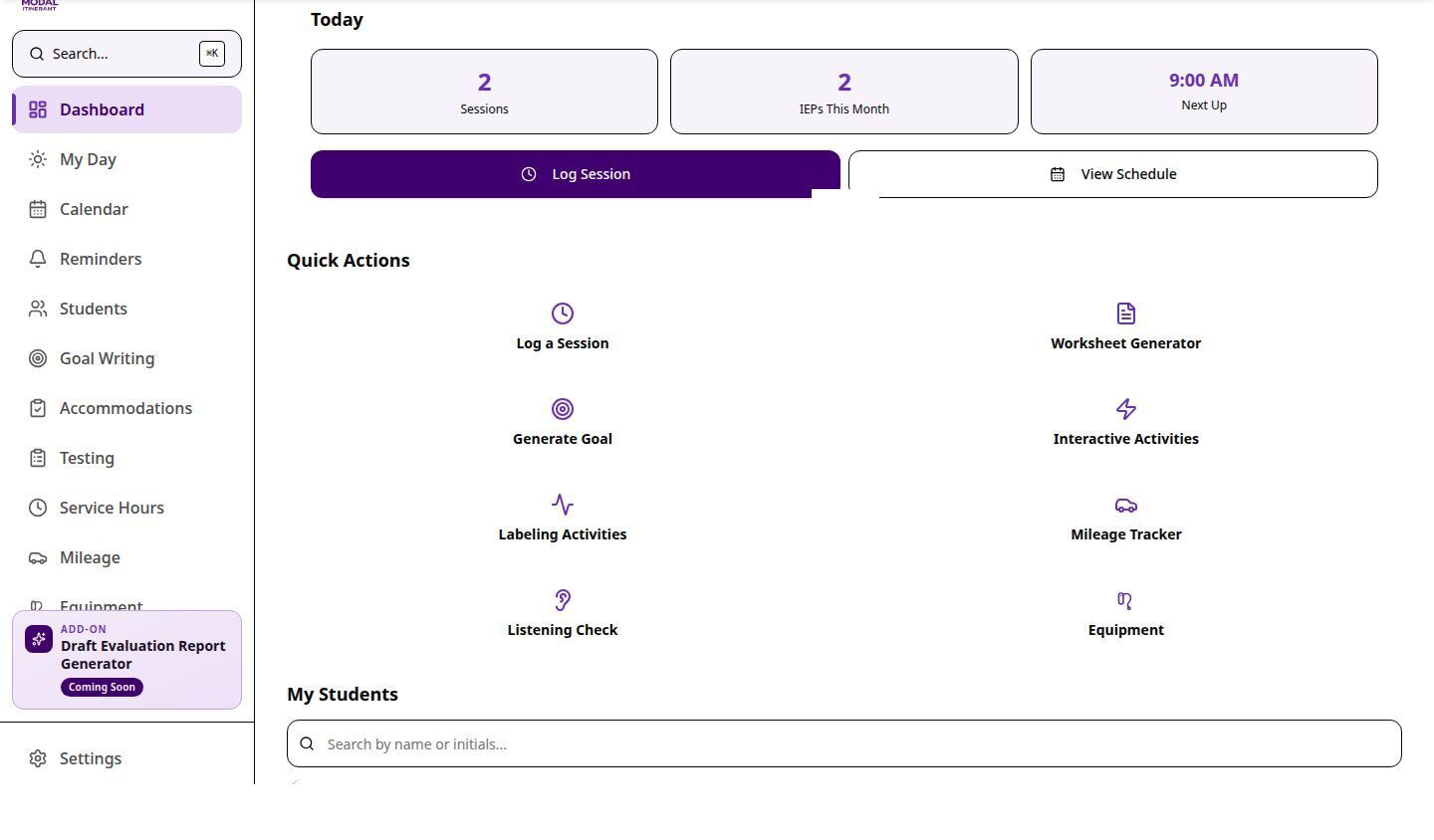 Modal Itinerant dashboard with sample session totals, quick actions, and caseload tools